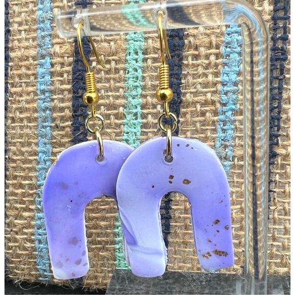 Artisan Purple & White with Gold Specks Arch Clay Dangle Earrings New - Picture 2 of 2